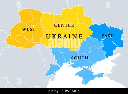 Ukraine geographische Spaltungen, politische Karte. Osteuropäisches Land, aufgeteilt in vier Bereiche, die in Umfragen oder für Referenz- oder statistische Zwecke verwendet werden. Stockfoto