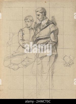 Zwei Figuren, Skizze zur Unterzeichnung des Compact in der Kabine der Mayflower. Künstler: Edwin White, Amerikaner, 1817–1877 Stockfoto