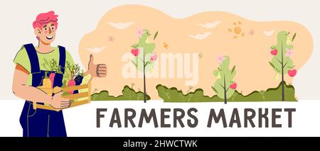Bauernhof Landwirtschaft Landschaft Banner Landwirt Produkte frisch Bauernhof Gemüse natürliche Lebensmittel Cartoon Vektor Illustration Stock Vektor