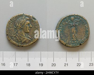 4 Assarienstück von Caracalla, römischer Kaiser aus Nikopolis. Herrscher: Caracalla, römischer Kaiser, 188–217 n. Chr., regiert 198–217 n. Chr. Münzstätte: Nicopolis ad Istrum Stockfoto