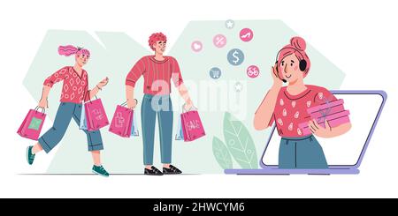 Online-Shopping und Bestellung von Waren im Internet Business-Konzept mit Comic-Figuren von Käufern und Call-Center-Betreiber, flache Cartoon-Vektor-Illust Stock Vektor