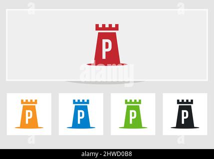 Schloss Logo auf dem Buchstaben P. Schloss König Logo Design Initial P Buchstabe Konzept Vektor-Vorlage Stock Vektor