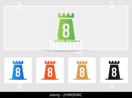 Schloss-Logo Auf Brief 8. Castle King Logo Design Initial 8 Brief Konzept Vektor-Vorlage Stock Vektor