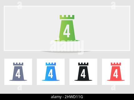 Schloss-Logo Auf Brief 4. Castle King Logo Design Initial 4 Brief Konzept Vektor-Vorlage Stock Vektor