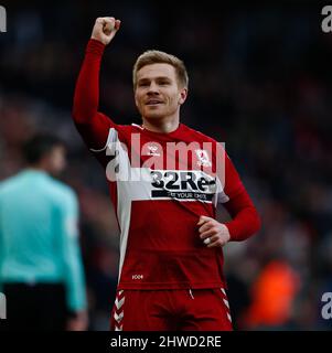 Duncan Watmore von Middlesbrough feiert, nachdem er während des Sky Bet Championship-Spiels im Riverside Stadium, Middlesbrough, das zweite Tor seiner Spielpartner erzielt hat. Bilddatum: Samstag, 5. März 2022. Stockfoto