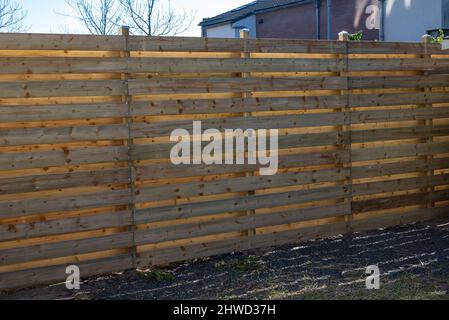 Neuer Holzzaun in einem Garten in Hoofddorp in den Niederlanden nach Sturmschäden durch Sturm Corrie, Eunice, Dudley und Franklin. Stockfoto