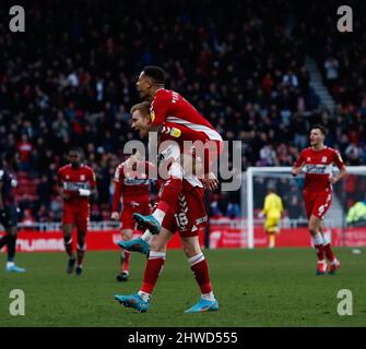 Duncan Watmore von Middlesbrough feiert, nachdem er während des Sky Bet Championship-Spiels im Riverside Stadium, Middlesbrough, das zweite Tor seiner Spielpartner erzielt hat. Bilddatum: Samstag, 5. März 2022. Stockfoto