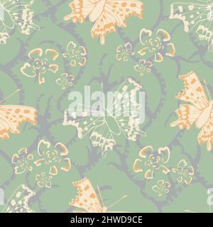 Komma Schmetterling Vektor nahtlose Muster Hintergrund. Rosafarbene Kulisse mit fliegenden Schmetterlingen und Blumen. Offenes Waldinsekt mit gefalzenen Flügeln Stock Vektor