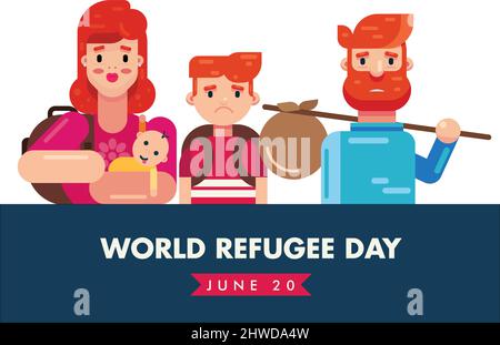 Weltflüchtlingstag 20. Juni mit Familie Cartoon Illustration Vektor Poster Vorlage Design Stock Vektor