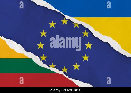 Ukraine, Europäische Union, Litauen Flagge gerissen Papier Grunge Hintergrund Stockfoto
