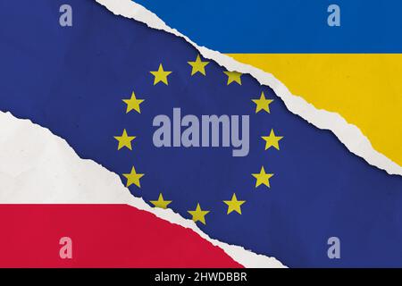 Ukraine, Europäische Union, Polen Flagge zerrissene Papier Grunge Hintergrund Stockfoto