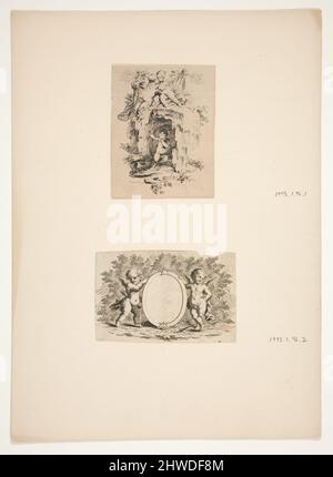 .1: Putto in einer Grotte, die seine Augen abschirmt; .2: Putti mit einem ovalen Medaillon. Künstler: Hubert François Gravelot, Französisch, aktives England, 1699–1773 Stockfoto