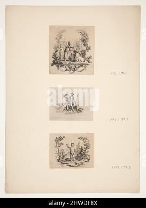 .1: Kind, das eine Pflanze wässert; .2: Temperenz; .3: Kind in einem Garten. Künstler: Hubert François Gravelot, Französisch, aktives England, 1699–1773 Stockfoto