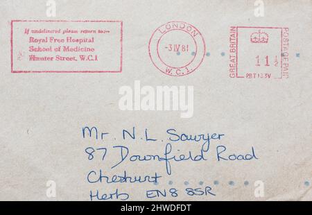 1981-Meter-Marke, die vom Royal Free Hospital verwendet wird Stockfoto