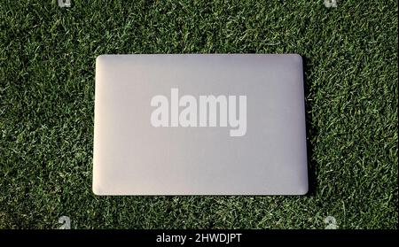 Laptop auf grünem Gras. Agiles Business. Fernlernkonzept. Immer online verfügbar Stockfoto