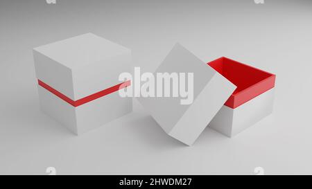 Leere weiße weiße rote Schmuckschatulle oder Uhrenschatulle für Mockup - 3D Illustration Stockfoto