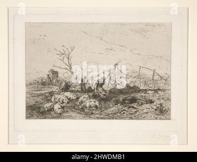 Zwei Bauernmädchen, die Schweine füttern (Troupeau de Cochons). Künstler: Charles-Émile Jacque, Französisch, 1813–1894 Stockfoto