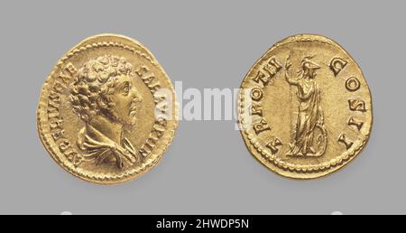 Aureus von Antoninus Pius, Kaiser von Rom. Herrscher: Antoninus Pius, Kaiser von Rom, 86–161 n. Chr., regiert 138–161 n. Chr. Münzstätte: Rom Künstler: Unbekannt Honorand: Marcus Aurelius, Kaiser von Rom, 121–180 n. Chr., regiert 161–80 n. Chr. Stockfoto