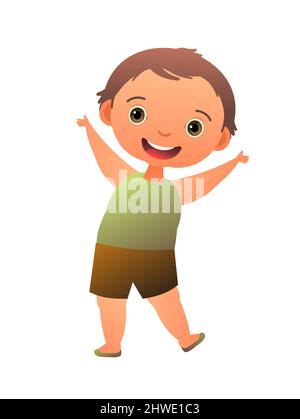 Kleiner Junge Vorschulkinder. Person in Sommerkleidung. Fröhliches, lustiges Kind. Baby Joy. Niedliches Kind. Illustration im Cartoon-Stil. Flaches Design. Isoliert auf Weiß Stock Vektor