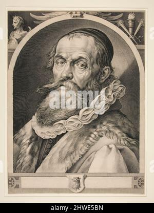 Porträt von Hendrik Goltzius (nach einem Selbstporträt von Hendrik Goltzius). Graveur: Jan Harmensz. Muller, Niederländisch, 1571–1628After: Hendrick Goltzius, Niederländisch, 1558–1617 Künstler, Früher zugeschrieben: Jacob Matham, Holländer, 1571–1631 Stockfoto