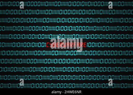 Rotes Wort „Cyberwarfare“, versteckt in der Mitte einer binären Codefolge. Stockfoto