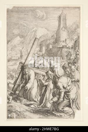 Christus trägt das Kreuz. Künstler: Unbekannt Nach: Hendrick Goltzius, Niederländisch, 1558–1617 Stockfoto