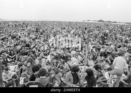 Isle of Wight Festival 1969, am 29.. Bis 31.. August 1969 in der englischen Stadt Wootton, auf der Isle of Wight, Luftaufnahme, Ansichten, Freitag, 29.. August 1969. Stockfoto