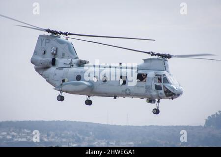 US Army Boeing CH46 Transport Hubschrauber Formation Landung im Kampfgebiet bringt Hilfstruppen Stockfoto