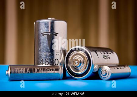 Tesla 4680 Battery Pack, St. Petersburg, Russland, 7. Januar 2022. Stockfoto