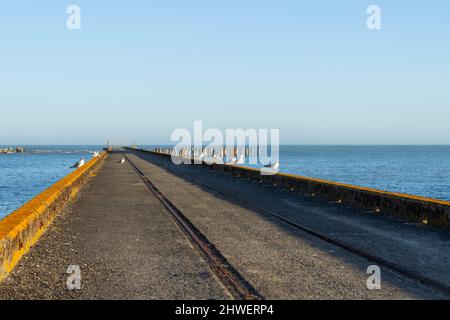 Linien der Rand- und Mittelbahn, die zum Ende des alten Tokomaru Bay Wharf führen. Stockfoto