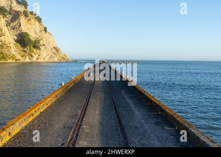 Linien der Rand- und Mittelbahn, die zum Ende des alten Tokomaru Bay Wharf führen. Stockfoto