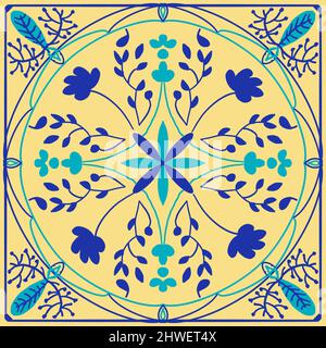 Handbemalte blaue Gouache gebürstete Blumen und Blätter in einem kreisförmigen geometrischen abstrakten Design auf quadratischem gelbem Hintergrund Stockfoto