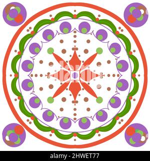 Handbemalte geometrische Kreisfliese in Orange, Grün und Lila auf quadratischem weißem Hintergrund. Stockfoto