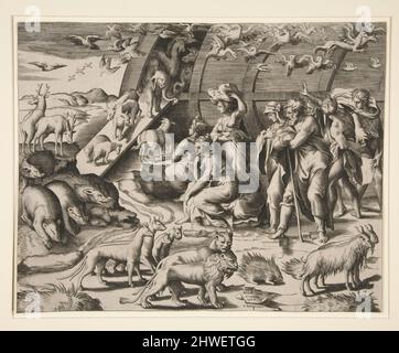 Noah und die Tiere, die die Arche verlassen. Kupferstecher: Giulio di Antonio Bonasone, italienisch, ca. 1510–nach 1576 Stockfoto