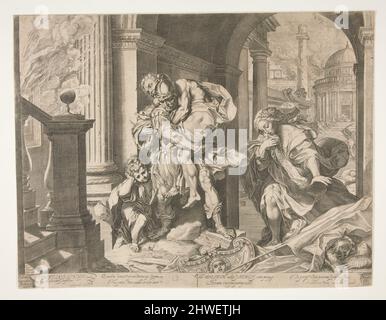 Aeneas und seine Familie fliehen vor Troja. Künstler: Agostino Carracci, italienisch, 1557–1602After: Federico Barocci, italienisch, 1528–1612 Stockfoto