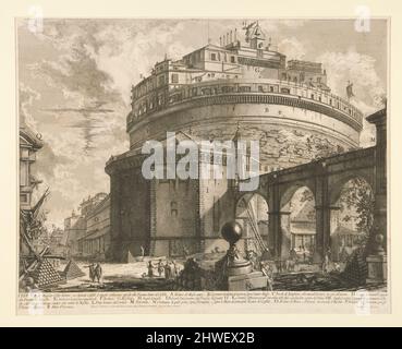 Veduta del Mausoleo d’Elio Adriano (ora chiamato Castello S. Angelo) [Blick auf das Mausoleum des Kaiser Hadrian (jetzt Castel S. Angelo genannt)], von Vedute di Roma. Künstler: Giovanni Battista Piranesi, Italienisch, 1720–1778 Stockfoto