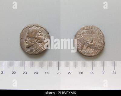 Tetradrachme von Vologases II aus Selleucia ad Tigrim. Herrscher: Vologases II, aktiv 77–147 n. Chr. Prägeanstalt: Eleucia ad Tigrim Künstler: Unbekannt Stockfoto