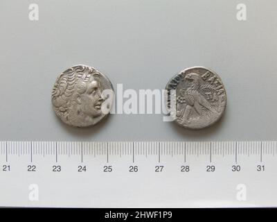 Tetradrachme von Ptolemäus XIII Theos Philopator aus Alexandria. Herrscher: Ptolemäus XIII. Theos Philopator, Ancient Macedonian, 51–47 v. Chr. Münzstätte: Alexandria Künstler: Unbekannt Stockfoto