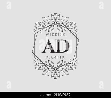 AD Initials Letter Hochzeit Monogram Logos Kollektion, handgezeichnete moderne minimalistische und florale Vorlagen für Einladungskarten, Save the Date, elegant Stock Vektor
