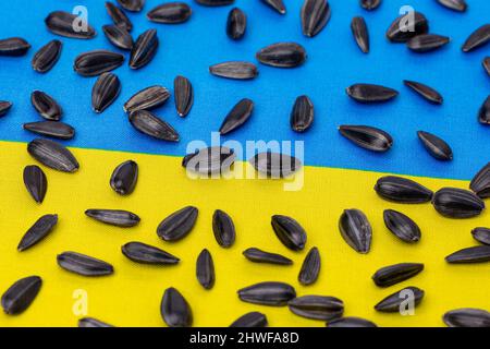 Ukraine Flagge und Sonnenblumenkerne. Sonnenblumenöl-Exporte, Produktions- und Lieferkonzept. Stockfoto