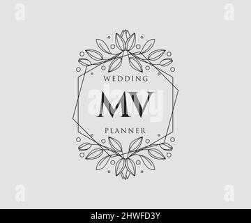 MV Initials Letter Hochzeit Monogram Logos Kollektion, handgezeichnete moderne minimalistische und florale Vorlagen für Einladungskarten, Save the Date, elegant Stock Vektor