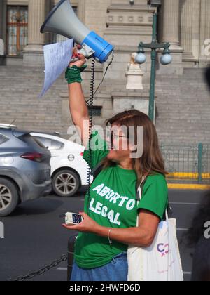 Lima, Peru. 05. März 2022. "Legaler Schwangerschaftsabbruch" kann auf einem T-Shirt gelesen werden, wenn Hunderte von Frauen aus feministischen und sympathischen Gruppen in Lima auf die Straße gehen und im Rahmen der Aktivitäten für die Feierlichkeiten zum Internationalen Frauentag in Peru um ihre Rechte bitten.Quelle: Fotoholica Press Agency/Alamy Live News Stockfoto