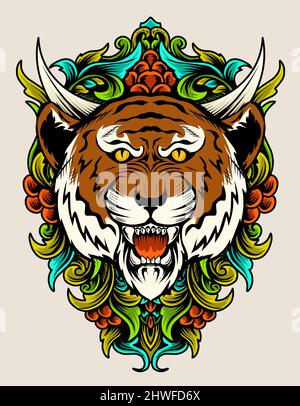 Illustration Vektor Tiger Kopf mit buntem Ornament Stock Vektor
