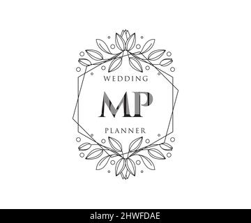 MP Initials Letter Hochzeit Monogram Logos Kollektion, handgezeichnete moderne minimalistische und florale Vorlagen für Einladungskarten, Save the Date, elegant Stock Vektor