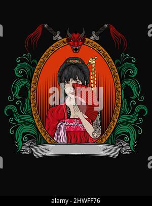 Illustration Vektor Geisha Frau mit Vintage Gravur Ornament Stock Vektor