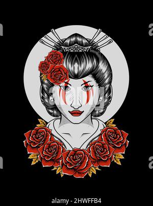 Illustration Vektor Geisha Kopf mit Rose Blume Stock Vektor