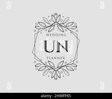 UN Initials Letter Hochzeit Monogram Logos Kollektion, handgezeichnete moderne minimalistische und florale Vorlagen für Einladungskarten, Save the Date, elegant Stock Vektor