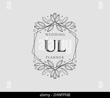 UL Initials Letter Hochzeitslogos-Kollektion, handgezeichnete, moderne, minimalistische und florale Vorlagen für Einladungskarten, Save the Date, elegant Stock Vektor