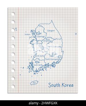 Südkorea Karte auf einem realistischen quadratischen Blatt Papier, das aus einem Blockvektor gerissen wurde Stock Vektor