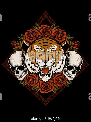 Illustration Vektor Vintage Tiger Kopf mit Totenkopf und Rosenblüte Stock Vektor